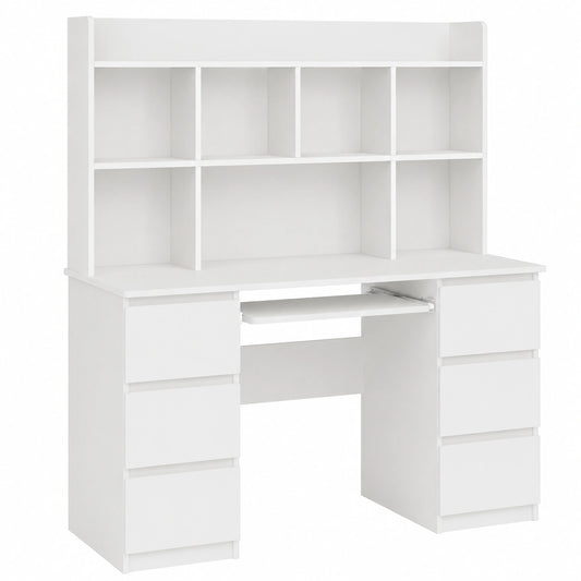 Bureau, avec tiroirs, avec étagères, 130 x 51 x 146 cm, coloris blanc, pour l’espace de travail