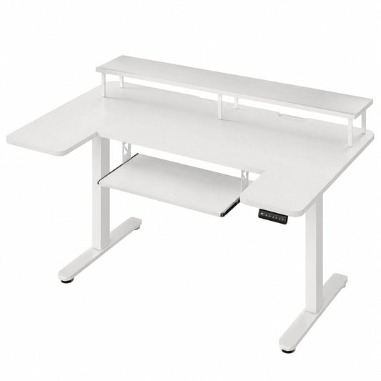 Bureau, réglable, avec prise intégrée, coloris blanc, pour l’espace de travail