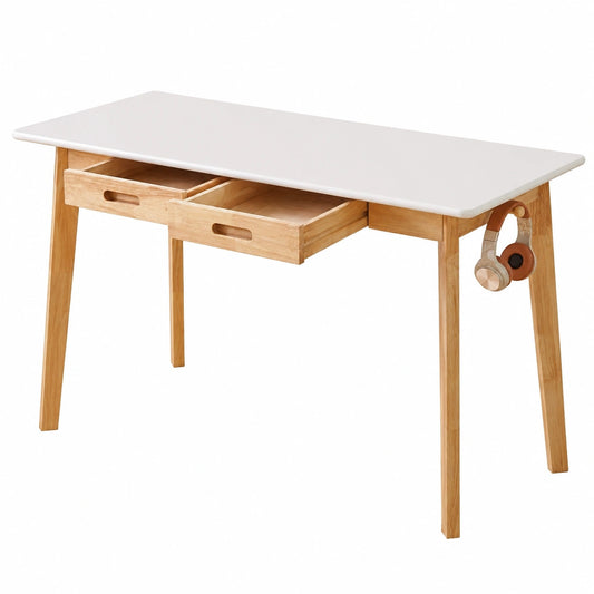 Bureau, avec tiroirs, avec crochets, en bois massif, coloris blanc, pour l’espace de travail