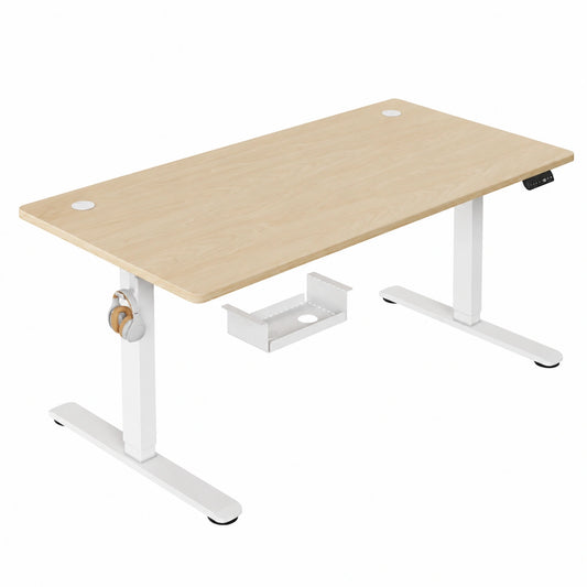 Bureau, réglable, avec prise intégrée, 160 x 80 cm, coloris blanc et beige, pour l’espace de travail