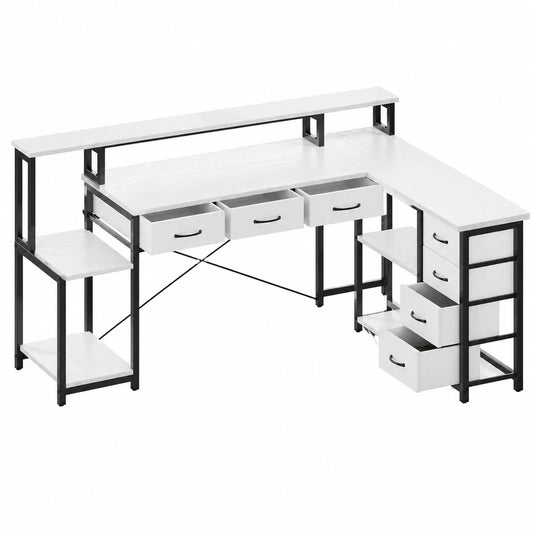 Bureau, avec tiroirs, avec prise intégrée, en tissu, 200 x 146 cm, coloris blanc, pour l’espace de travail