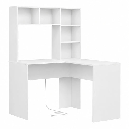 Bureau, avec rangement, avec étagères, avec prise intégrée, coloris blanc, 108 x 125 x 153 cm, pour l’espace de travail